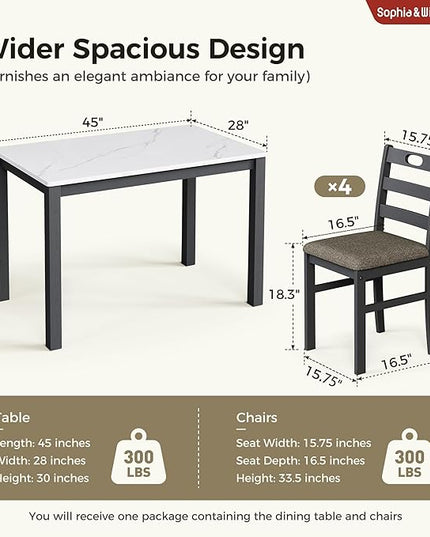 Sophia & William 5 Piece Dining Table Set for 4, Faux Marble Kitchen Table and Chairs Set, Solid Wood Farmhouse Dinner Table Set,Venatino White Marble & Black