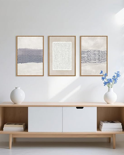 HOURIA Blue White Abstract Neutral Framed Canvas Wall Art Set,Minimalist Boho Waves Lines Wall Decor,Modern Geometric Shapes Print,Mid Century Grunge Artwork for Living Room,Bedroom,Office- 16"x24"x3