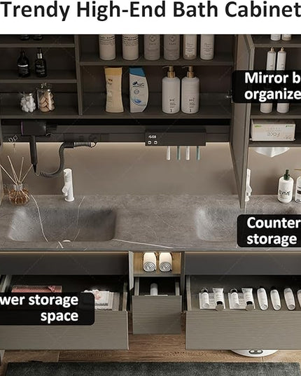 72IN Wood Bathroom Vanity - Double Sink Bathroom Vanity with Sink | Includes LED Intelligent Defogging Mirror Cabinet, 3 Drawers | Intelligent Induction Light & Integrated Double Sinks, Grey
