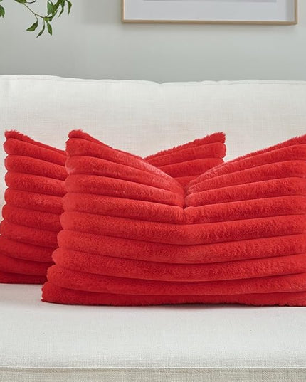 FUTEI Christmas Red Throw Pillow Covers Set of 2, 12x20 Inch Striped Texture Lumbar Pillow Cases with Soft Faux Rabbit Fur Front & Velvet Back, Modern Decorative Couch Pillows for Living Room