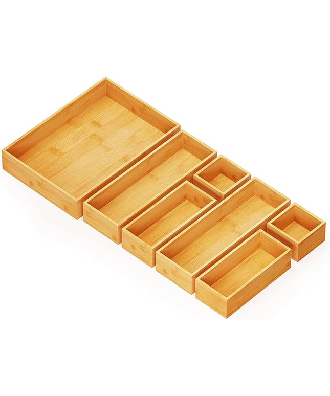 SpaceAid 7-Piece Bamboo Drawer Organizer Storage Boxes Set, Wood Tray Junk Drawer Organizers Multi-Use Divider Bins for Kitchen, Bathroom, Office Desk and Makeup Organization (7 Pack, Natural)