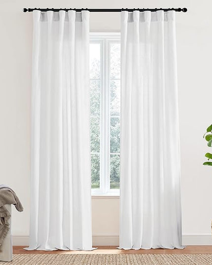 XTMYI 86 Inches Long Back Tab/Hook Belt Linen Cotton Sheer Curtains for Bedroom Living Room,2 Panels,40 Inch Wide,White