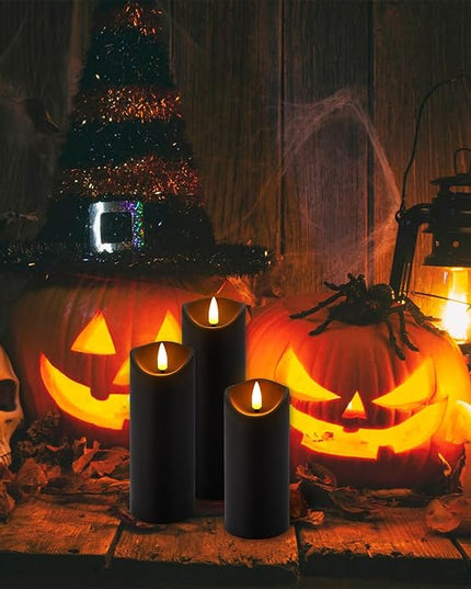 24 Pack Halloween Decoration Flickering Flameless Candles, Battery Operated LED Pillar Candles with Remote Control and Timer.for Home Decor (D2.2 xH 5" 6" 7" Black)