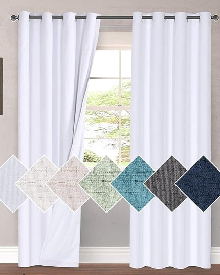 H.VERSAILTEX 100% Blackout Curtains for Bedroom 96 Inches Long Grommet Linen Face Full Light Blocking Curtain Drapes for Living Room Thermal Insulated Linen Look Curtains 2 Panels Set, Bright White