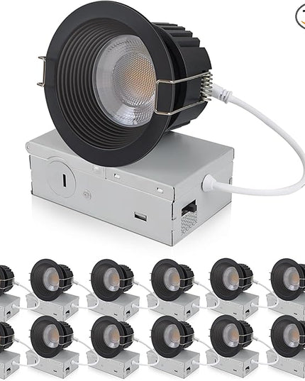 3 Inch 5CCT Anti-Glare LED Recessed Lights with Junction Box, 2700K/3000K/3500K/4000K/5000K Selectable, 12W 1260LM CRI90+, Dimmable Canless Waterproof Downlight, ETL & FCC（Black, 12 Pack）