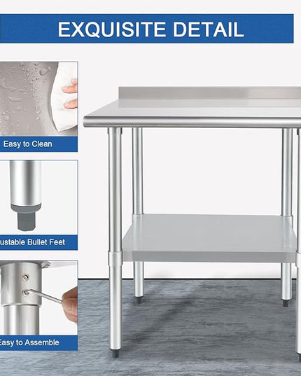 HARDURA Stainless Steel Table Prep & Work Table 24 x 36 Inches NSF Heavy Duty Commercial with Undershelf and Backsplash for Restaurant Kitchen Home and Hotel