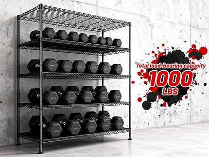 REIBII 45.8“W Metal Shelving Storage Shelves, 5-Tier Wire Shelving Unit,Heavy Duty Garage Shelving, Adjustable Storage Rack for Restaurant Pantry Kitchen Dining Room Supermarket Commercial Black