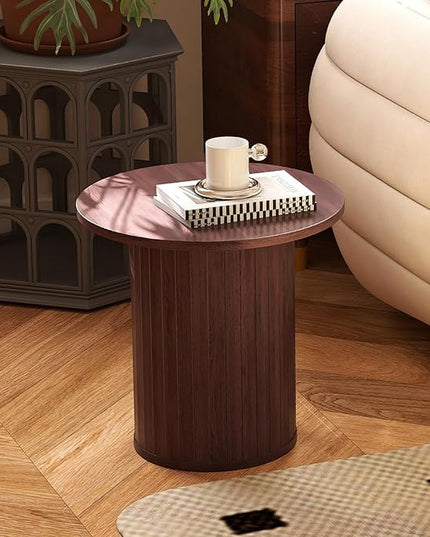 COSVALVE Round Wood Fluted End Table, 15.7“ Circle Farmhouse Side Table Sets for Living Room, Bedroom, Balcony, Small Spaces, Walnut