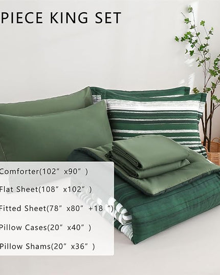 KAKIJUMN 7 Piece Bed in a Bag Stripe Comforter Set King Size, White Grey Green Patchwork Striped Comforter and Sheet Set, All Season Soft Microfiber Complete Bedding Sets(Dark Green,King)