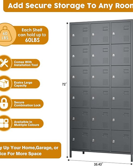 Aobabo 18 Doors Metal Locker for Employees,Metal Storage Locker Cabinet with Lock and Leg, for Office Garage School Home Industrial, Assembly Required, Dark Grey