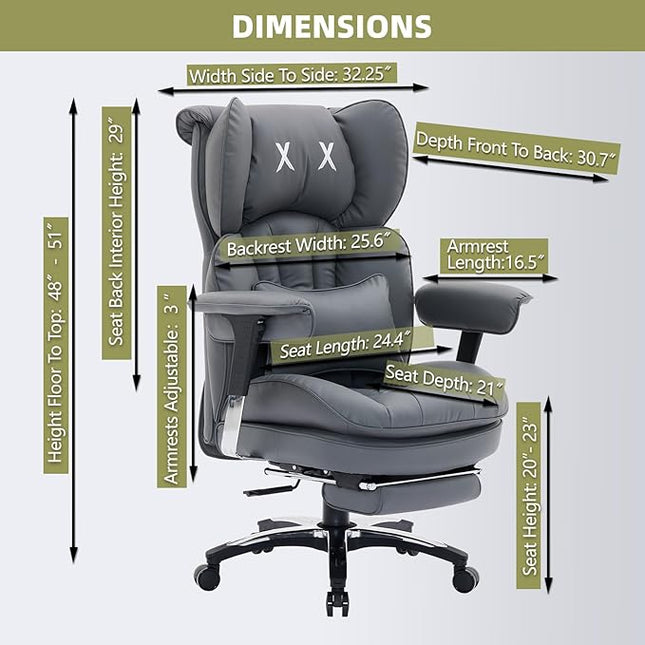 Efomao Big and Tall Office Chair with Footrest – High Back Computer Chair with Adjustable Armrests，Executive Office Chair with Wide Seat, Modern Desk Chair for Home Office, Gaming, or Study, Grey