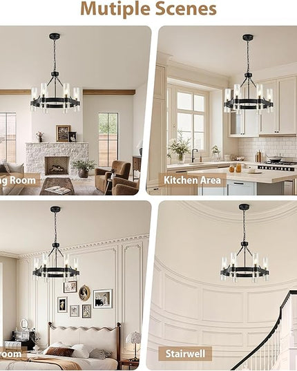 6-Light Large Black Wagon Wheel Chandelier with Glass Shades, 20 Inch Farmhouse Industrial Round Chandelier for High Ceilings, Pendant Lighting Fixture for Dining Living Room Kitchen Island Foyer
