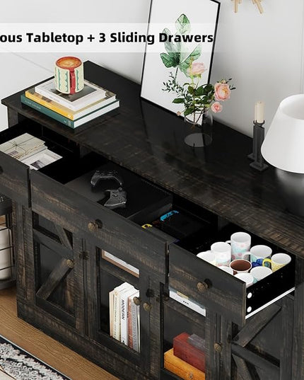4 EVER WINNER 55" Coffee Bar with 4 Glass Doors and 3 Drawers, Sideboard Buffet Cabinet with Storage, Farmhouse Coffee Bar Cabinet with Adjustable Shelves for Kitchen, Dining Room, Rustic Oak