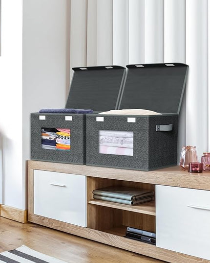 Univivi Fabric Foldable Storage Boxes with Lids [4-Pack] Large Stackable Storage Bins, Closet Organizers and Storage Cube Storage Organizer for Home, Office, Bedroom (Black, 17“ x 12” x 12")