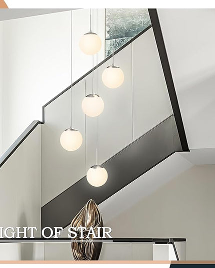 KoKo&Yukina 5-Light Globe Glass Pendant Light Adjustable Length Pendant Lights Fixtures Modern Nickel Chandelier with Milky White Glass Ceiling Lights for Foyer Hallway Bedroom (Bulb & Remote Incl.)