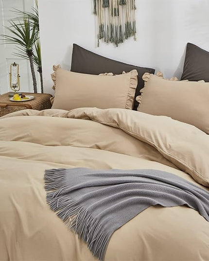 CLOTHKNOW Champagne Ruffles Queen Comforter Set 3Pcs Farmhouse Bedding Comforter Sets Soft Tan Comforter Khaki Comforter with 2 x Pillow Cases