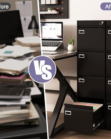 4 Drawer Metal File Cabinet with Lock, Black Lockable Filing Cabinets, Vertical Small File Cabinet with Key, Under Desk Filing Cabinets for Home Office