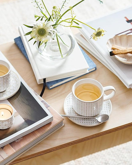 LE TAUCI Stackable Cappuccino Cups 6 oz with Saucers and Stand, Ceramic Embossed Coffee Mugs for Espresso Au Lait, Latte, Cafe, Mocha,Tea, Dishwasher Oven Safe - Set of 4, Arctic white