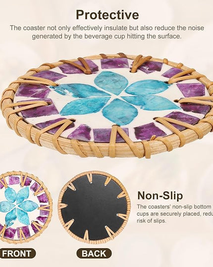 uxcell 2Pcs Handmade Woven Rattan Coasters, Heat-Resistant Drink Coasters for Coffee Table Dining Room Kitchen Coffee Wine Decor, Blue Petal
