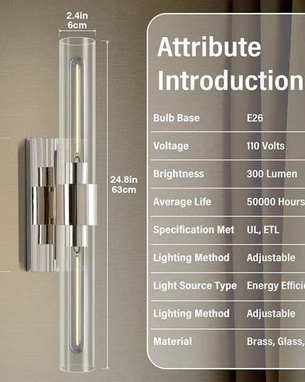 Wall Light Fixtures,Industrial Wall Sconces Clear Glass Wall Mount Sconce, Chrome Nickel Bathroom Vanity Light, Wall Lamp for Living Room Bedroom Hallway(Bulb Included)
