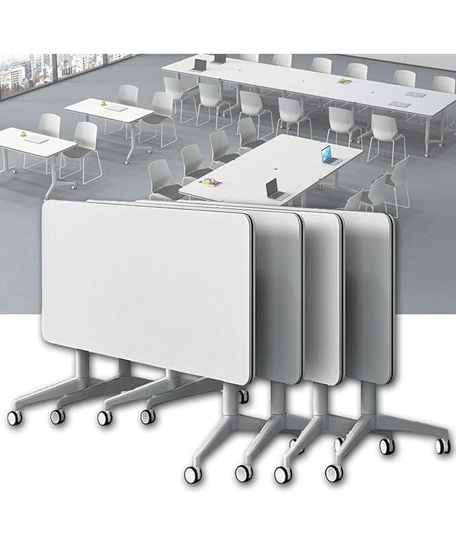Conference Table, Folding Conference Room Tables on Wheels, Modern Meeting Seminar Table Computer Desk, Boardroom Desk for Office Meeting Conference Room,White,4 Pack 55.1inch