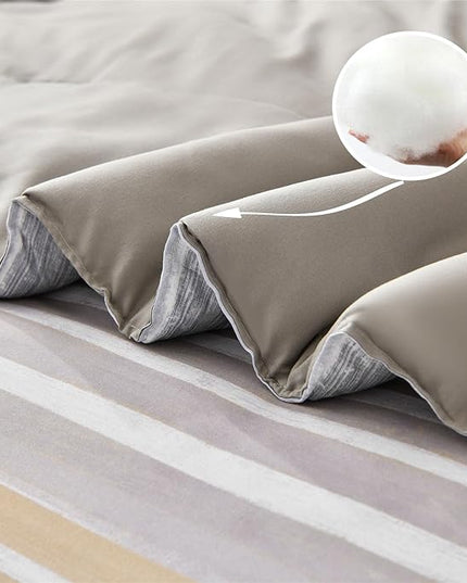 7 Piece Bed in a Bag Stripe Comforter Set Full Size, White Grey Khaki Striped Comforter and Sheet Set, All Season Soft Microfiber Complete Bedding Set(Khaki,Full)