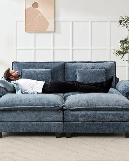 86" Modular Sectional Sofa, Comfy Cloud Couch Sectional Sofa with Ottoman, Chenille Sofa Sleeper Deep Seat Sofa with Throw Pillows for Living Room (Blue)