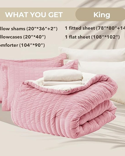HYMOKEGE Pink/Ivory King Size Comforter Set Seersucker 7 Pieces, All Season Luxury Bed in a Bag for Bedroom, Bedding Set with Comforter, Sheets, Pillowcases & Shams