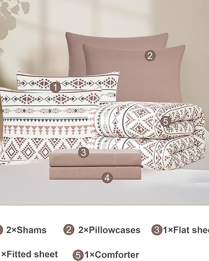 Geniospin King Size Comforter Set- 7 Pieces Boho Bed in a Bag, Western Bedding Set for All Seasons, Reversible Aztec Bedding, Lightweight Comforter Bed Set with Sheets, Pillowcases & Shams