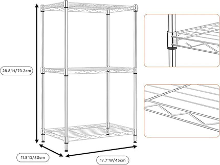 3 Tiers Shelf Metal Storage Shelves Wire Rack Closet Organizers with Wheel for Garage Kitchen Bathroom Laundry Chrome 11.8" D x 17.7" W x 28.8" H