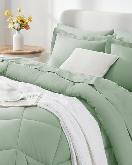 CozyLux Queen Comforter Set Sage Green - Bed in a Bag Queen Size 7 Pieces, Luxury Soft Bed Set for All Seasons, Bedding Set with Down Alternative Comforter, Sheets, Pillowcases & Shams
