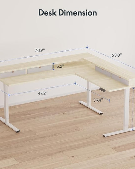 FLEXISPOT 71" L Shaped Standing Desk Electric Corner Table with Shelf, 4 Storage Drawers, Adjustable Computer Workstation for Home, Office, Game, Studio, USB Charger, Light Maple Top + White Frame