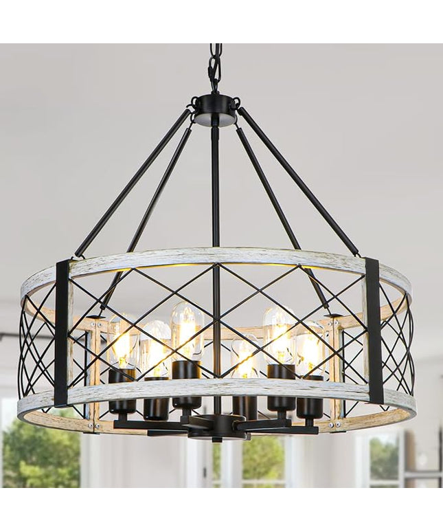 White Farmhouse Chandelier, 6-Light Rustic French Country Chandelier for Dining Room, Modern Industrial Light Fixture Kitchen Island, Round Metal Vintage Hanging Light for Foyer, Entryway, Bedroom