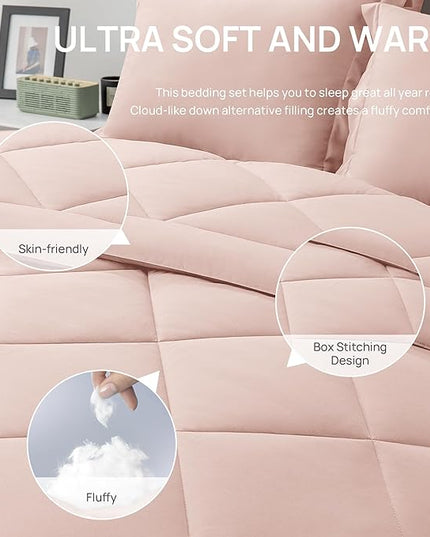 Love's cabin Queen Comforter Set Pink, 7 Pieces Queen Bed in a Bag, All Season Bedding Sets with 1 Comforter, 1 Flat Sheet, 1 Fitted Sheet, 2 Pillowcase and 2 Pillow Sham