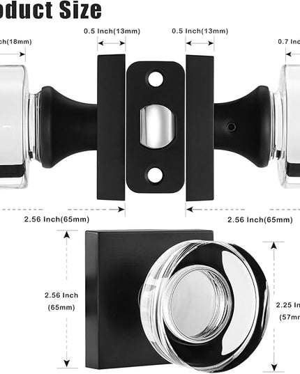 Black Passage Door Knobs Interior, Crystal Glass Door Knobs Interior for Hall and Closet, Matte Black