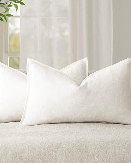 Foindtower Pack of 2, Decorative Linen Soild Throw Pillow Covers Soft Accent Lumbar Cushion Case Boho Farmhouse Neutral Pillowcase for Couch Sofa Bed Living Room Home Decor 12 x 20 Inch Cream White