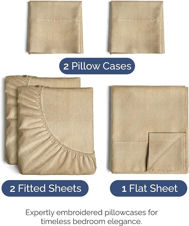 Split King Size 5 Piece Sheet Set - Comfy Breathable & Cooling Bed Sheets Set - Hotel Luxury Bedding for Women, Men, Kids, Teens, Boys & Girls - Deep Pockets & Wrinkle Free - Tan (Heathered Sheets)