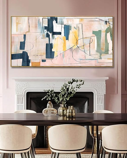 Pink Abstract Painting Large Wall Art Living Room Decor Blue Canvas Print Line Artwork Home Office Decoration 29x58 Inch