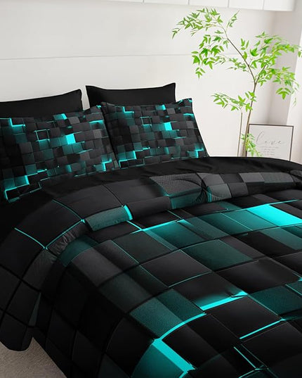 Geometric Turquoise Black King Comforter Set,Light Honeycomb Bedding Set 7 Piece in A Bag,Bed Sheet Set Geometry Decor,Microfiber Lightweight All Season