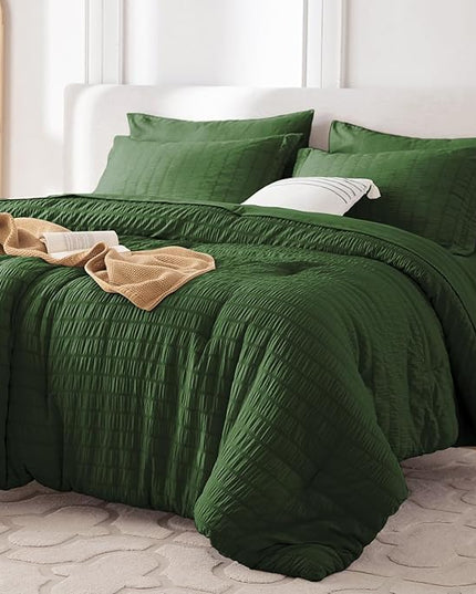 MUXHOMO 7 Pieces King Comforter Set, Seersucker Bed in a Bag King Size, All Season Luxury Bedding Set with Comforter, Flat Sheet, Fitted Sheet, Pillowcases & Shams, Dark Green
