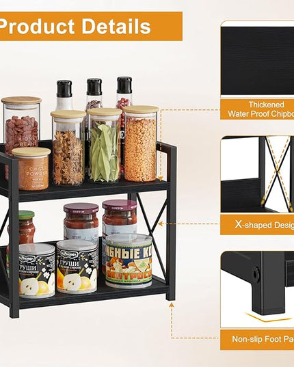 Giikin Kitchen Counter Shelf, 2 Tier Kitchen Spice Rack Organizer for Countertop, Wood Coffee Bar Organizer for Home (Black, S)