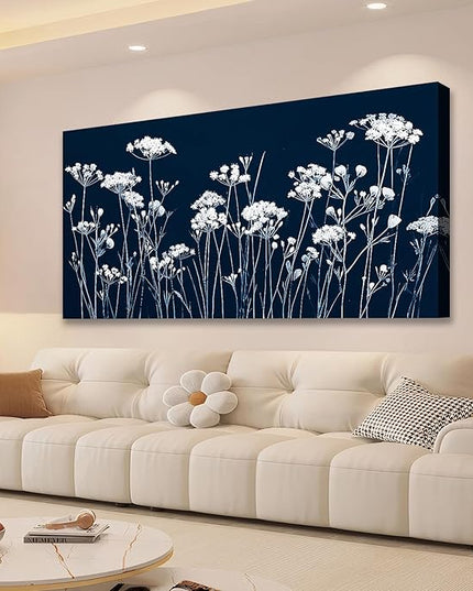 HUADAOART Canvas Wall Art Navy Blue and White Dandelion Wildflower 20" x 40" Artwork Modern Home Decor for Living Room Bedroom Office Decor Ready To Hang