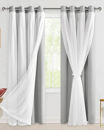 Hiasan Blackout Curtains with Sheer 84 Inches Long, Grommet Thermal Insulated Mix & Match Double Layer Window Curtains for Bedroom, Living Room, 2 Drape Panels with Tiebacks, Silver Grey, 52W X 84L