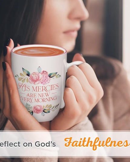 Christian Art Gifts Inspirational Ceramic Coffee & Tea Mug for Women: Mercies are New Every Morning Encouraging Bible Verse, Microwave & Dishwasher Safe Novelty Drinkware, White & Pink Floral 12 oz.
