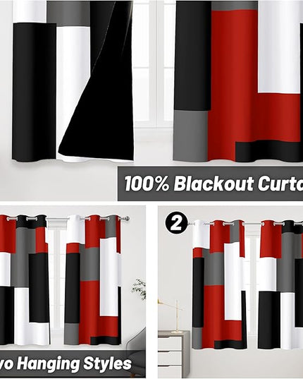 Red Black 100% Blackout Curtains 45 inch Length 2 Panels Set White Grey Modern Abstract Geometric Drapes for Kitchen Black Out Curtains Insulated Room Darkening Small Window Curtains, 42Wx45L
