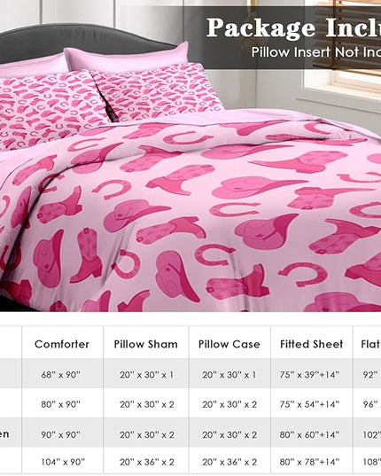 Comforter Set Twin Size, Pink Cowboy Cowgirl 5 Pcs Bedding for Kids and Adults, Cute American Western Bed Sheet Sets with Fitted Sheet Pillowcase & Sham