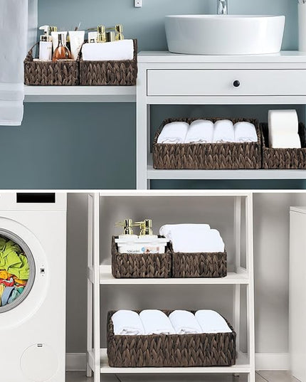 Ollieroo Natural Water Hyacinth Storage Baskets, Handwoven Wicker Storage Bins with Built-in Handles, Storage Container Baskets for Shelves, Bedroom, Bathroom, Laundry Room or Kitchen(Black)