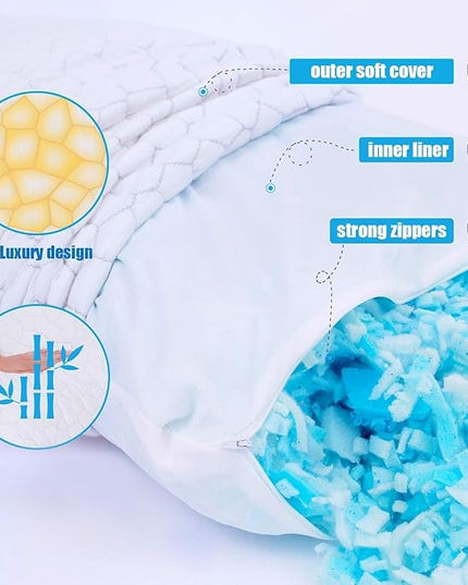 SUPA MODERN Cooling Bed Pillows for Sleeping 2 Pack Shredded Memory Foam Pillows Adjustable Pillow for Side Back Stomach Sleepers Luxury Gel Pillows Queen Size Set of 2 with Washable Removable Cover
