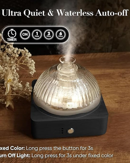 Glass Dome Essential Oil Diffuser with Glass Reservoir & Wood Base-Plastic Free, 200ml Ultrasonic Diffuser for Aromatherapy with Timer 7 Color Light Auto-Off for Home Office Yoga Dark Brown