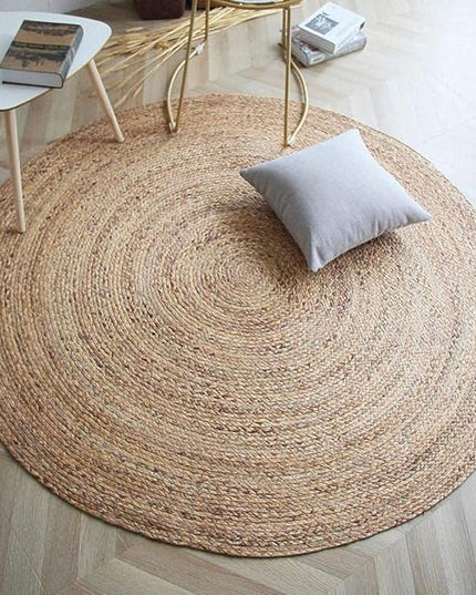 FRELISH DECOR Handwoven Jute Area Rug - 4 feet Round - Natural Yarn - Rustic Vintage Beige Braided Reversible Rug - Eco Friendly Rugs for Bedroom - Kitchen - Living Room - Farmhouse (4' Round)